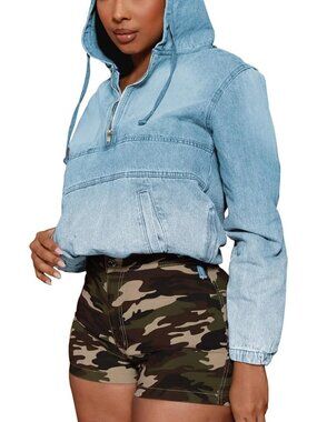 Women's Light Blue Half Zip Denim Hoodie Pullover Jacket Jean Sweatshirt Tops